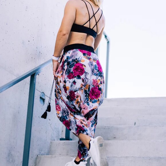 Flap Harem Pant Open Side Tasseled Drawstring Yoga Travel Beach Floral Pink Kira - Picture 10 of 12